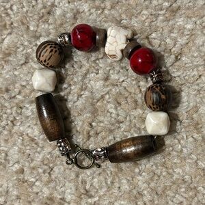Handcrafted Wooden and Red Beaded Bracelet